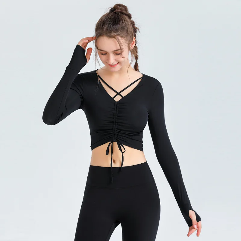 2022 New Sports Yoga Shirt Sports Fitness Cross Yoga Top T-shirt Long-sleeved Chest Pad Women Yoga Gym Pilates Clothes