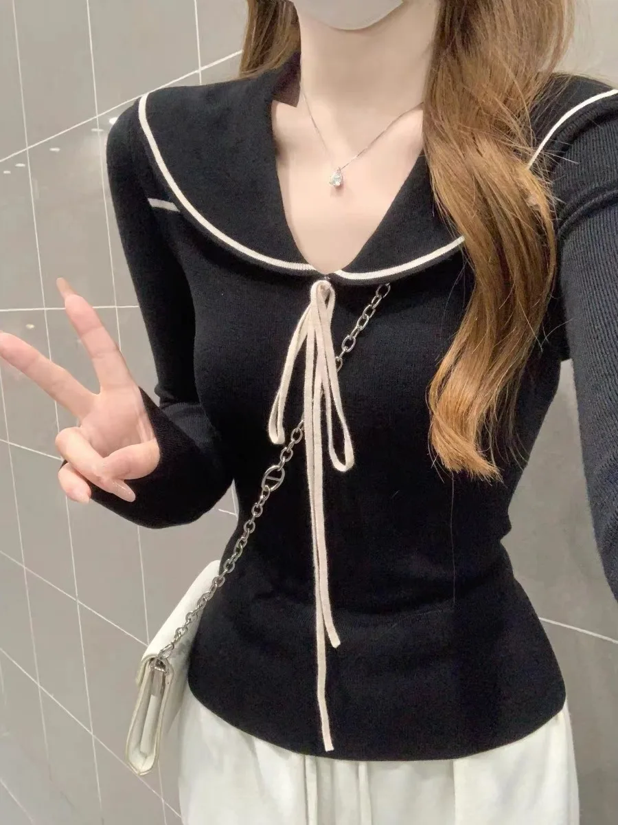 Sweet Style Knitted Slim Fit Long Sleeve Doll Collar Women's Base Shirt Tunic Top Autumn Winter Fashion Casual Inner Wear