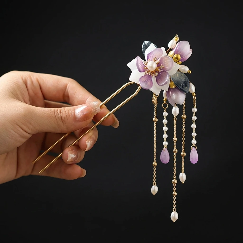 Alloy U Shaped Hair Pin With Orchid Flower Decor Smooth Hand Polished Updo Stick For Hanfu Qipao Wedding Festival Women view 4