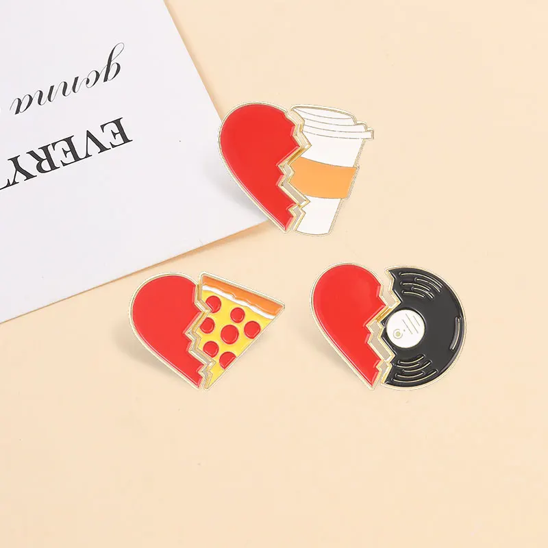 Emaille-Anstecker in Form eines gebrochenen Herzens, Pizza und Kaffee, Vinyl-Schallplatte, ästhetischer Anstecker, lustiges Geschenk für Feinschmecker, Brosche, Accessoires, Geschenke – Detail 7