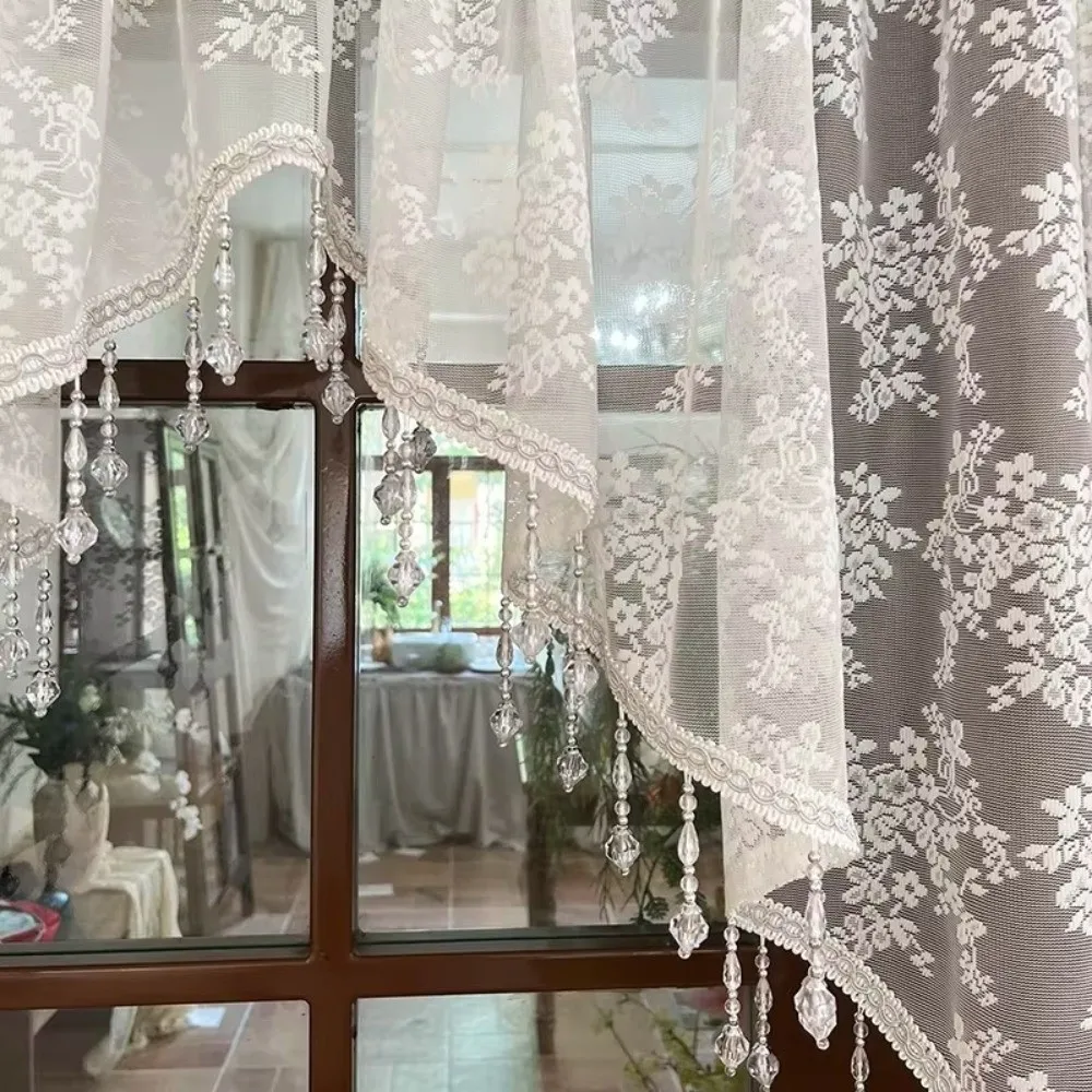 French Style Half Curtain Vintage Romantic Flower Tulle Kitchen Curtain Elegant White Kitchen Partition Tulle Balcony