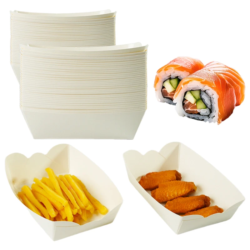 25/50Pcs White Disposable Kraft Paper Boat Boxes Eco-Friendly Recyclable Paper Snack Trays for Party Easter Supplies