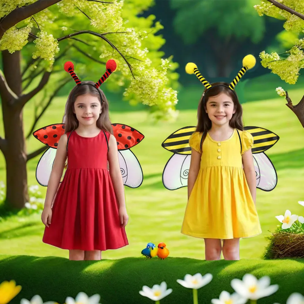 2024 New Halloween Costumes for Women Girls Cute Bee/Ladybug Wings with Headband Set Party Favors