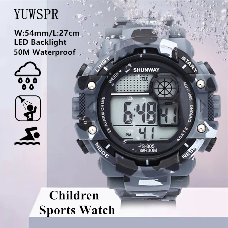 50M Waterproof Children Sports Electronic Watch Swimming LED Backlight Camouflage Green Digital Watches for Student Boy Gift 805