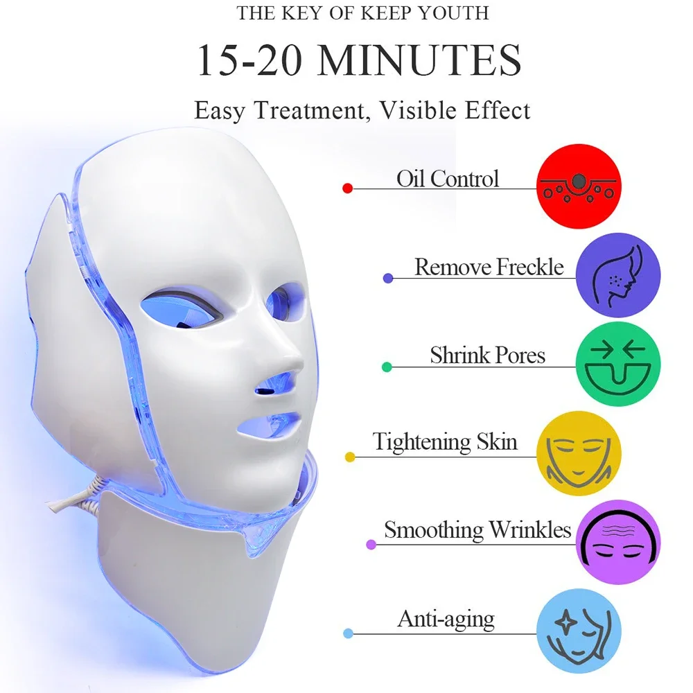 Terapia fotónica de máscara LED de 7 colores para combatir las arrugas del acné, eliminar la regeneración de la piel, herramient