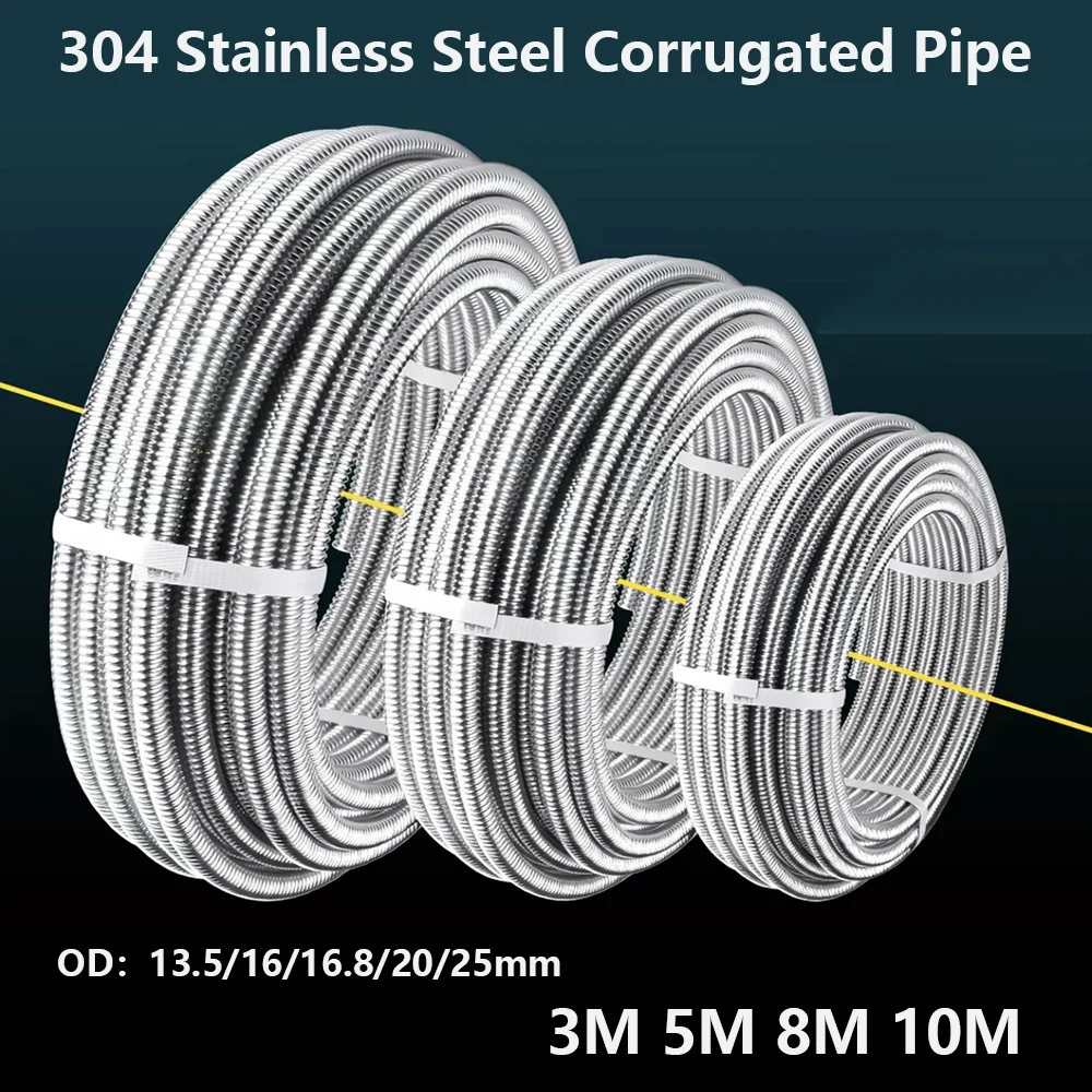 

304 Stainless Steel Corrugated Pipe 13.5/16/16.8/20/25mm Water Heater Pipe 3M 5M 8M 10M For Cold And Hot Water Inlet And Outlet