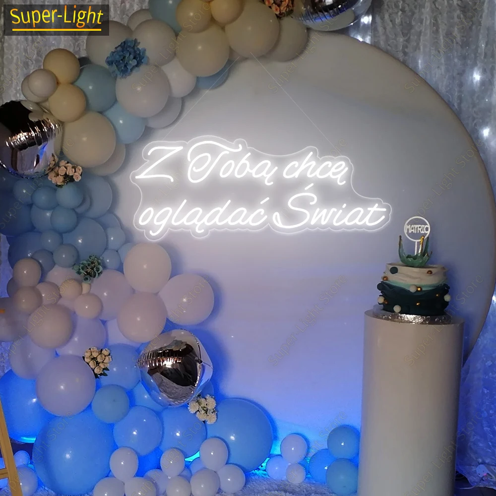 Letrero de neón Led para decoración de pared, cartel grande de 75cm, quiero ver el mundo con TI, producto Polski, fiesta de boda, cumpleaños