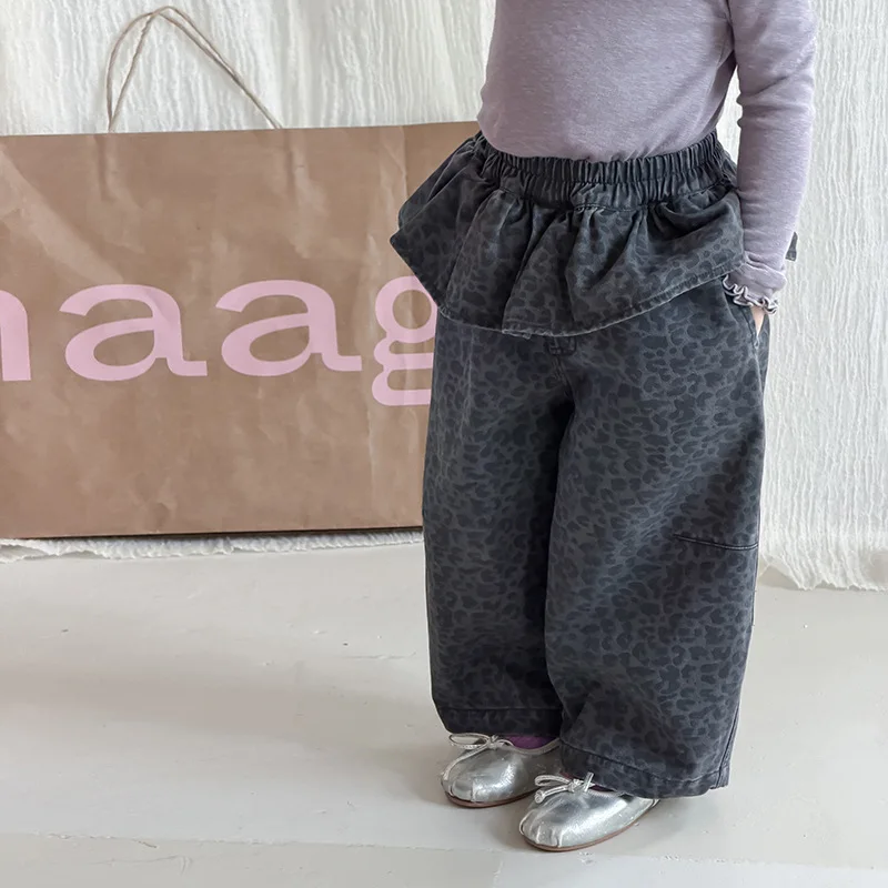 Girl's Leopard Print Fart Curtain Pants Children's Retro Korean Lotus Leaf Waist Fake Skirt Wide Leg Pants Personalized Pants