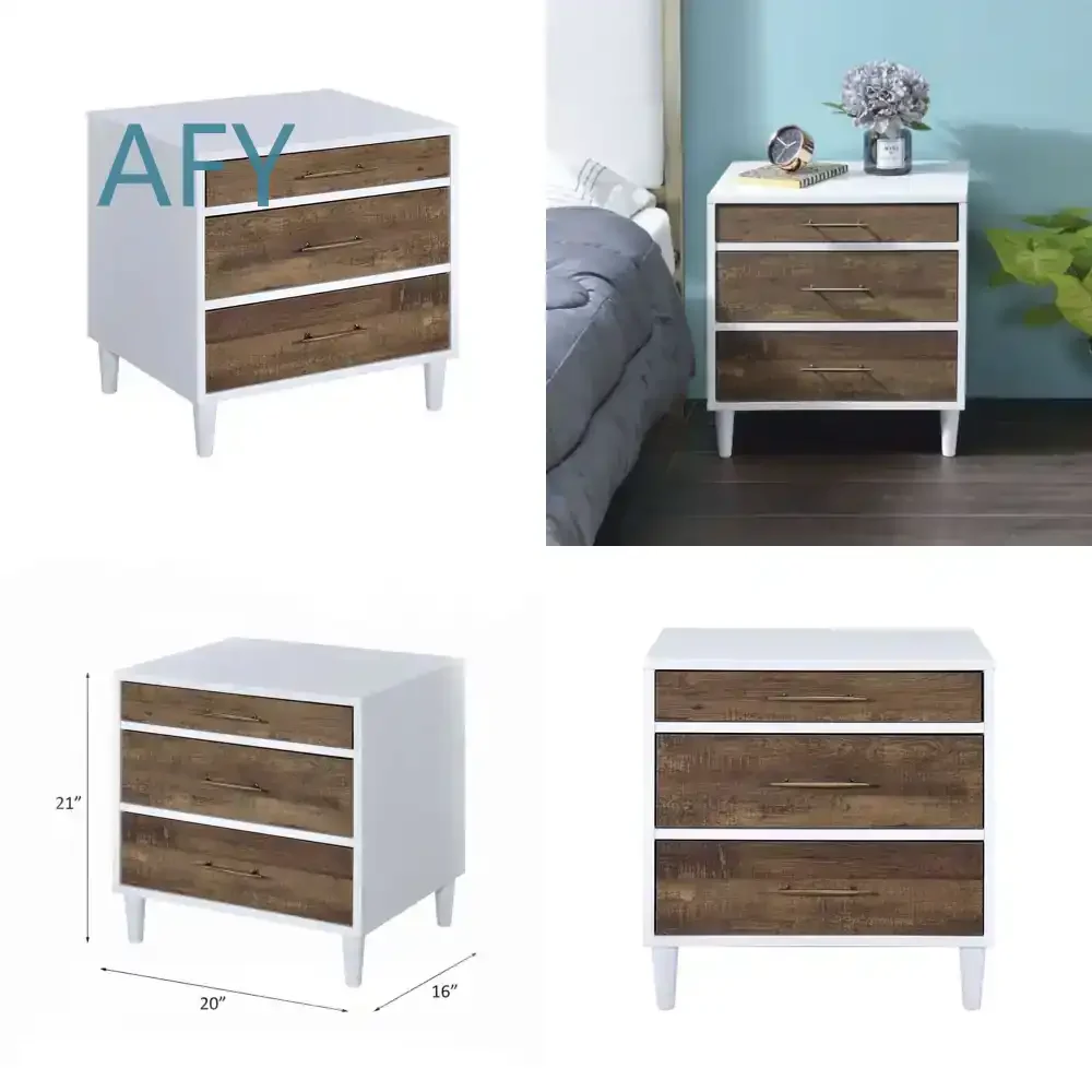 DB Modern Minimalist Luxury Nightstand with 3 Drawers Two-tone Finish White and Weathered Oak for Apartment Bedroom Living