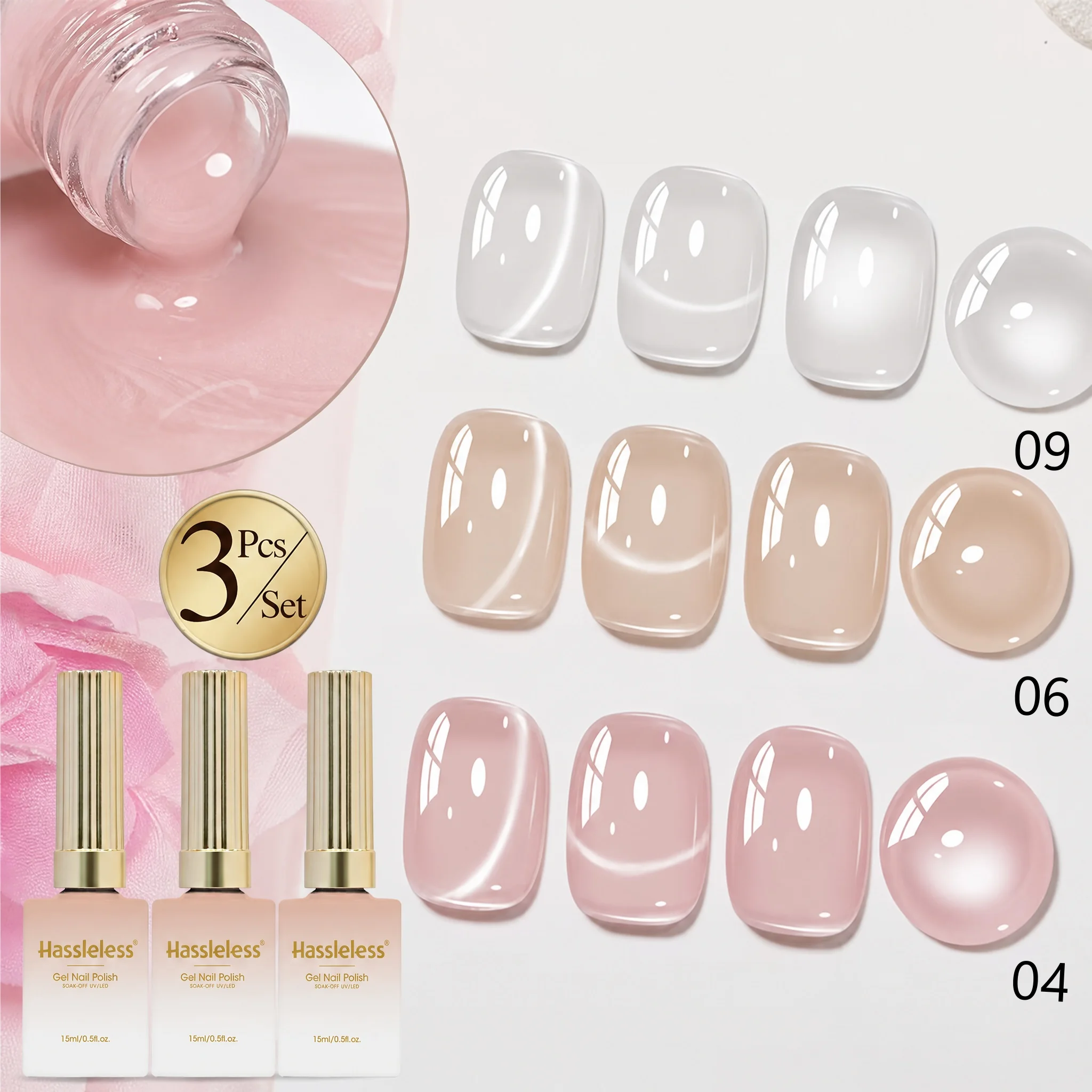 Hassleless 3Pcs Ice-Clear Nail Polish Gel Set, Alcohol-Free, Hypoallergenic, Long-Lasting, Suitable for Home Use and Nail Salons, Women's Gift
