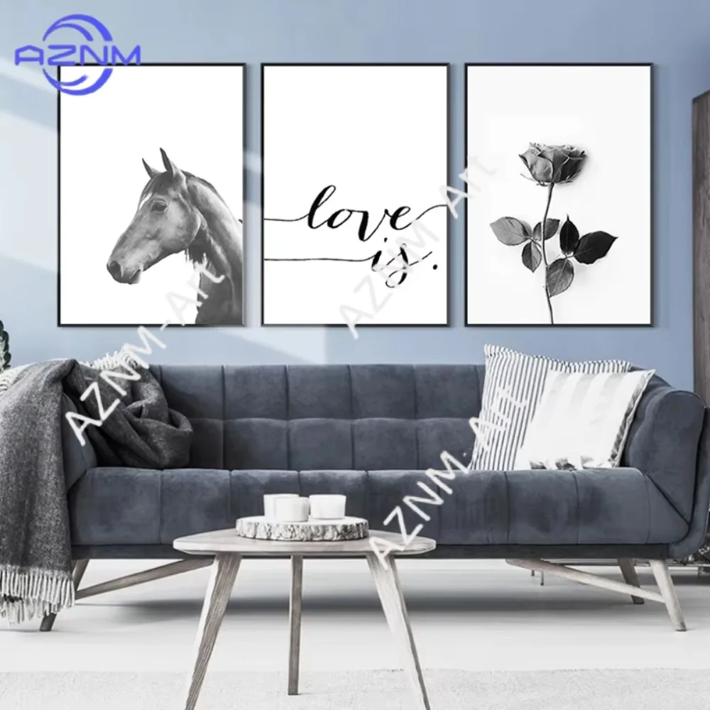 1/3 Stück Moderne Wandkunst Leinwand Schwarz-Weiß Palmenblätter Pflanze Pferd Gemälde Schlafzimmer Wohnzimmer Heimdekoration Poster Bilder