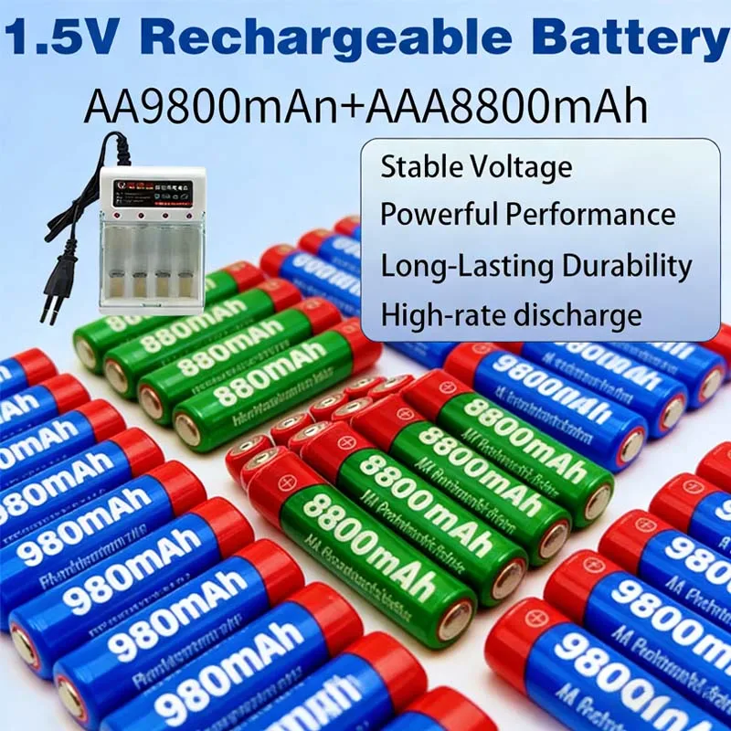 1.5V Rechargeable AA/AAA Battery Set (AA9800mAh+AAA8800mAh) Alkaline for Clocks Toys Cameras Shavers Remotes Flashlights