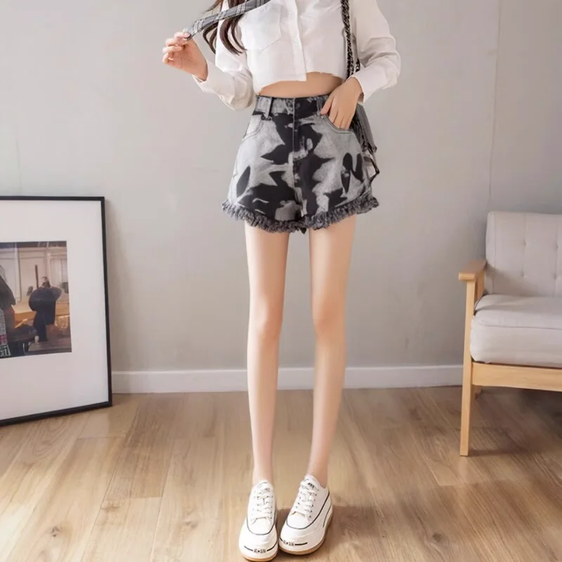 Personalized Hot Girl High-waisted Denim Shorts, New Summer Fringed Design, Loose Raw Edge Wide-leg Pants