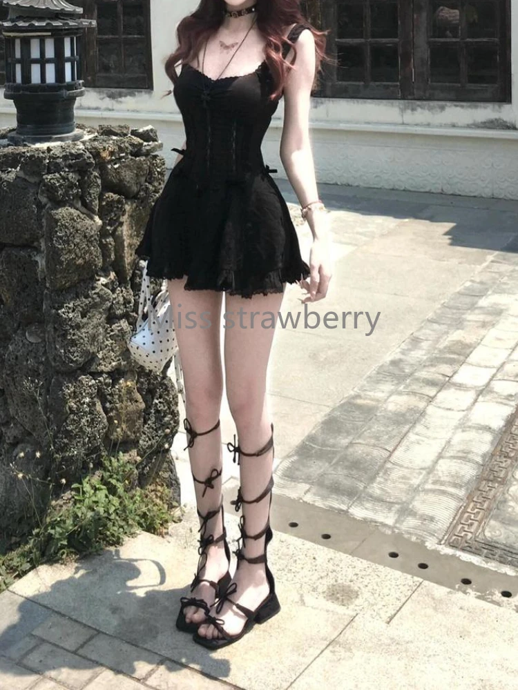 Aesthetic Hot Girl Patchwork Lace Sling Dress Women Summer Gothic Bow Slim Black Dresses Female Design Chic Skinny Y2k Clothing - Image 3