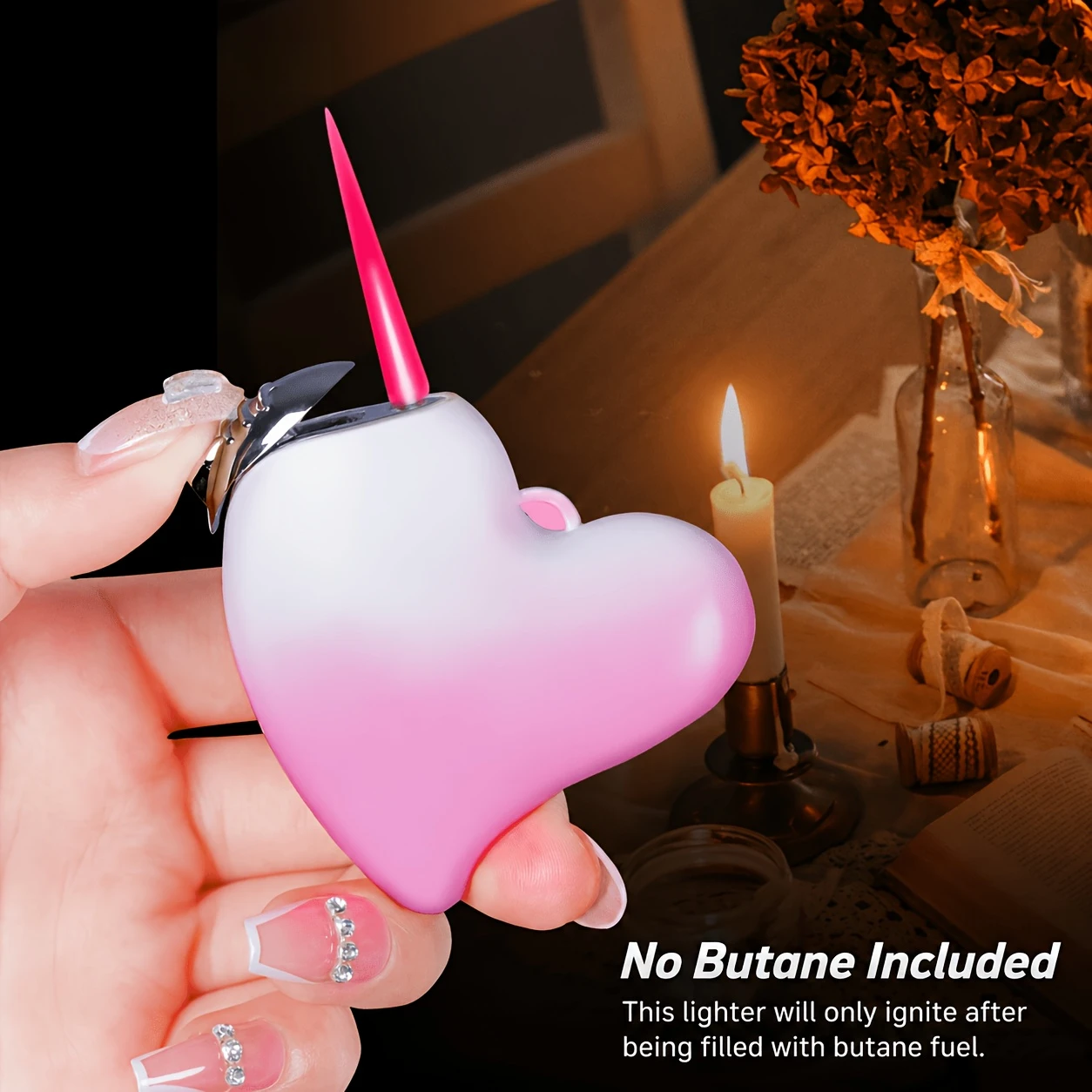 Pink White Gradient Heart Lighter Windproof Adjustable Pink Flame Cute Compact Love Gift for Couples No Butane High Quality