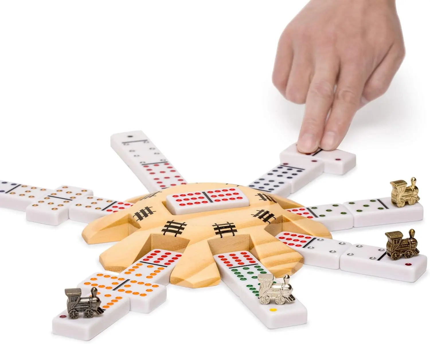 Mountain Imports Mexican Train Complete Set with Double 12 Dominoes (Pips/Dots), Wooden Hub, Die Cast Train Markers, and