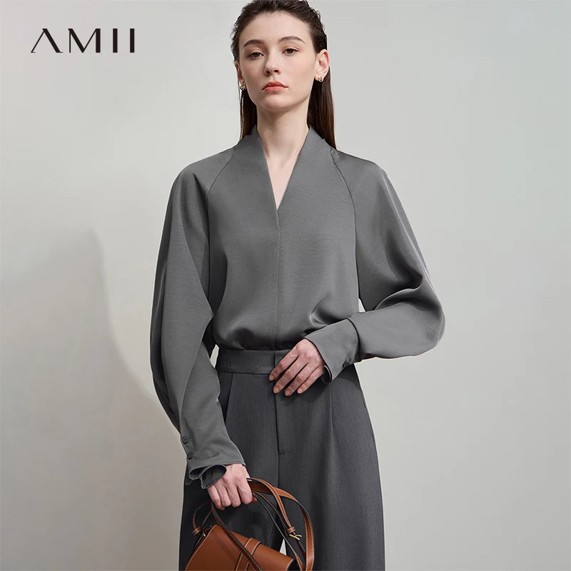 AMII 우아한 여성 블라우스 루즈 심플 V넥 여성 상의 블라우스 2025 가을 긴팔 셔츠 여성 의류 12543067