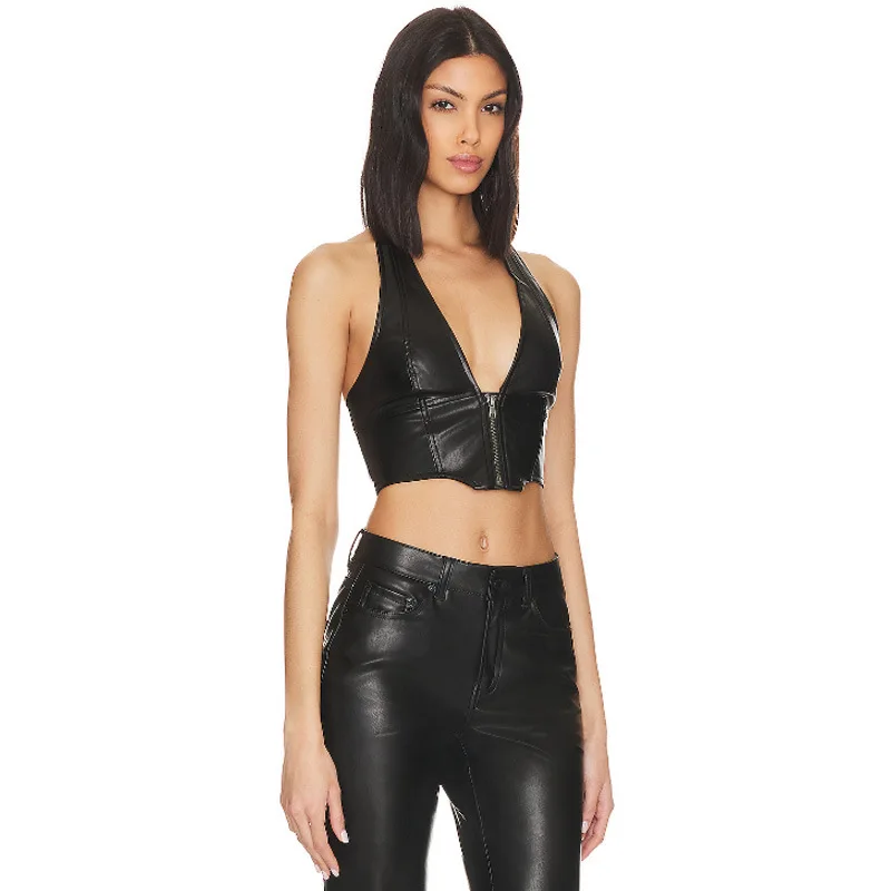 Ceco Sexy de Cuero PU con Cremallera, Top Corto sin Mangas con Espalda Descubierta, Moda Femenina Transfronteriza, Color S...