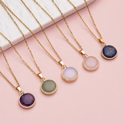 1pc Stainless steel adjustable natrual crystal stone gemstone agate round pendant necklace for women and men