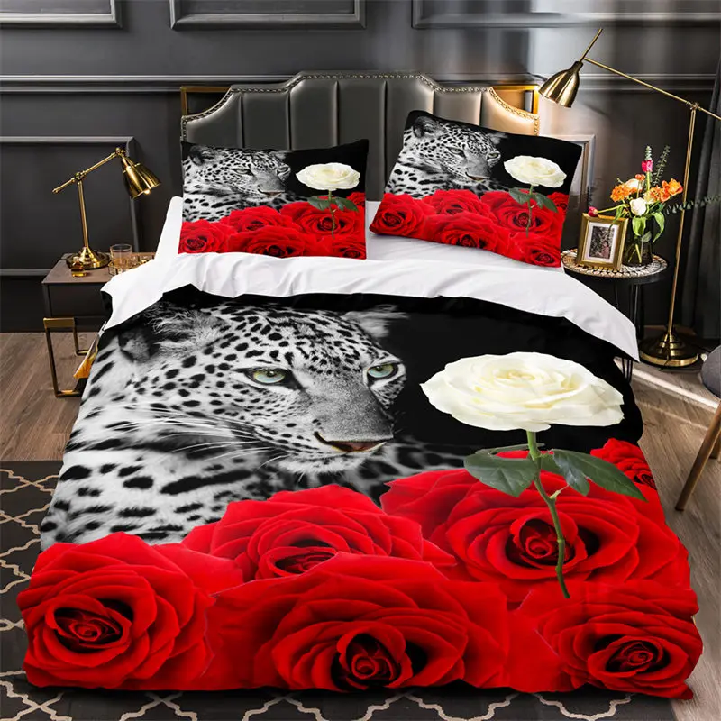 Tiger Leopard Lion Duvet Cover Set Africa Wild Animals Bedding Set 3D Red Rose Flowers Quilt Cover Twin King Queen Bedroom Decor