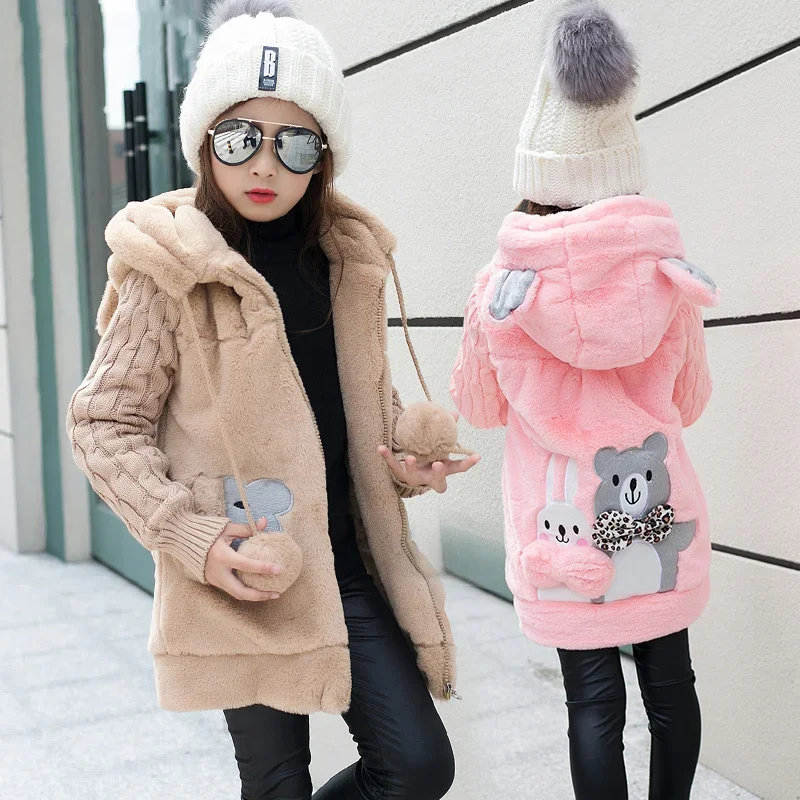 Winter Girls clothing Faux Fur Parka Coats Thicken Warm Hooded Children Outerwear Cartoon Kids Jackets 8 10 12 Year girl Clothes