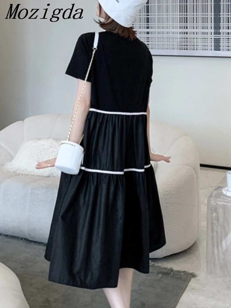 

Summer irregular Women Black Pleated Color-block Big Size Dress New Round Neck Short Sleeve Fashion Tide vestidos