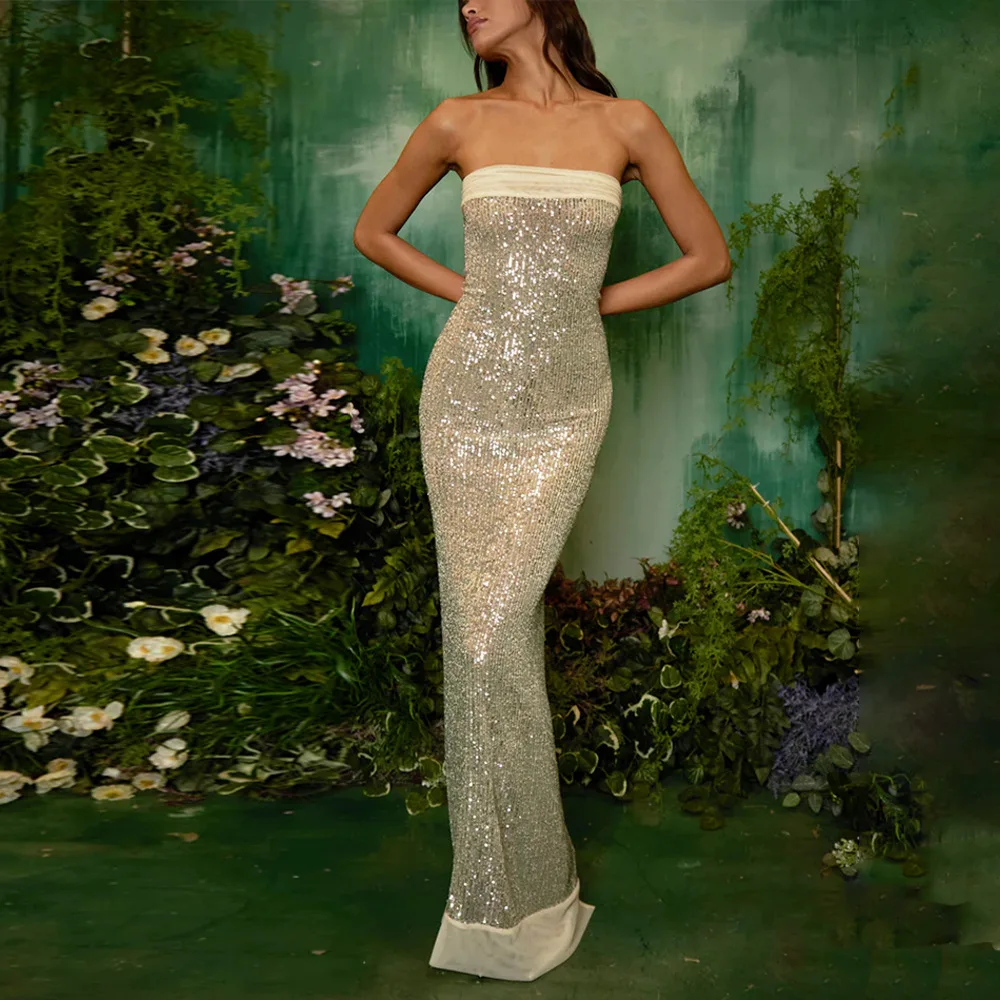 

2025 New Chic Sequined Sleeveless Backless Long Party Dress Fashion Off Shoulder Maxi Dresses For Women Hip Package Slim Robes
