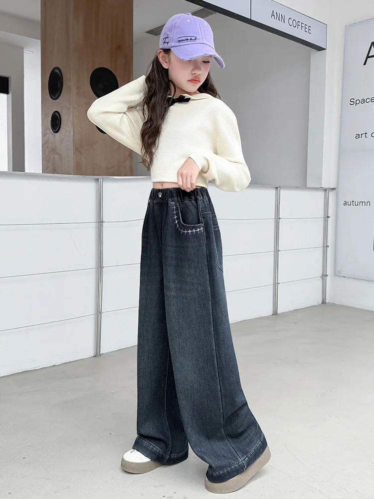 Jeans invernali a gamba larga per ragazze Pantaloni coreani a gamba larga per studenti delle scuole medie intercati Fce Pantaloni casual dal taglio dritto