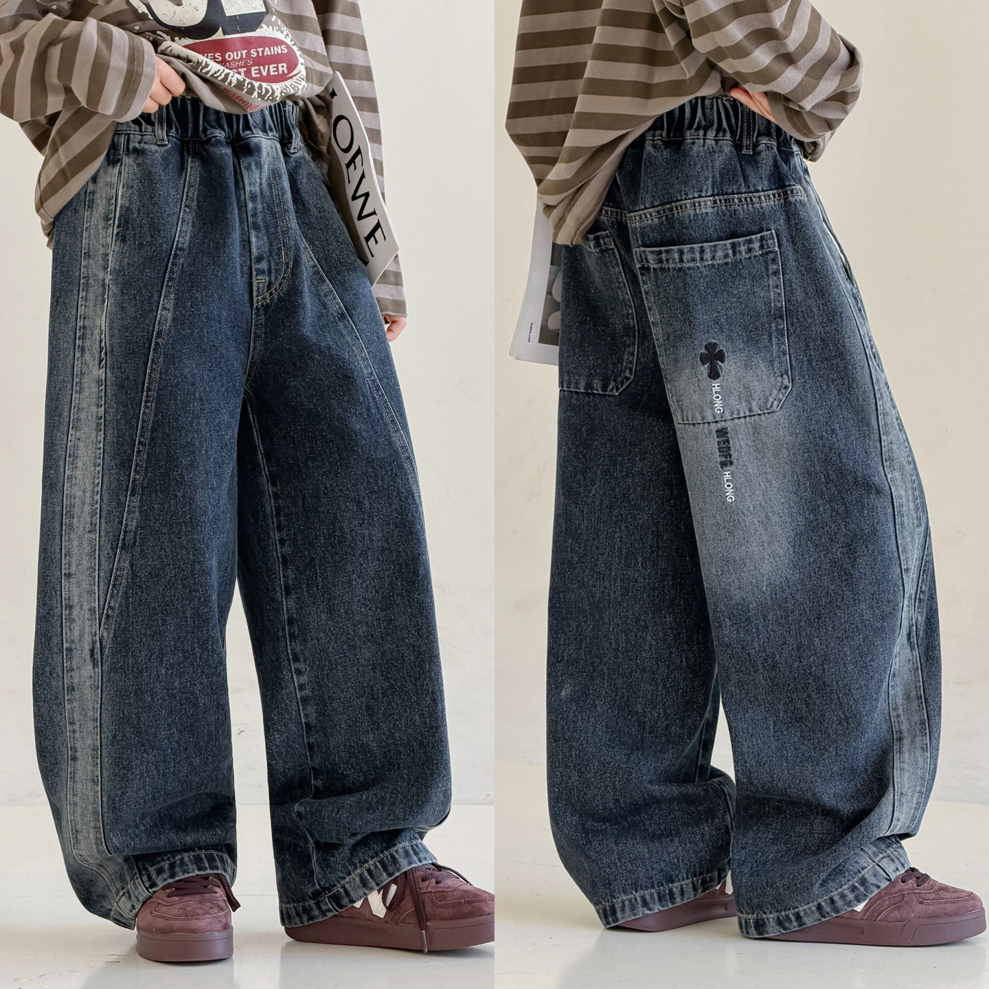 5-14Y Boys Jeans Spring Kids Wide Leg Straight Trousers Autumn Loose-Fit Casual Trousers Children's Trendy Denim Pants