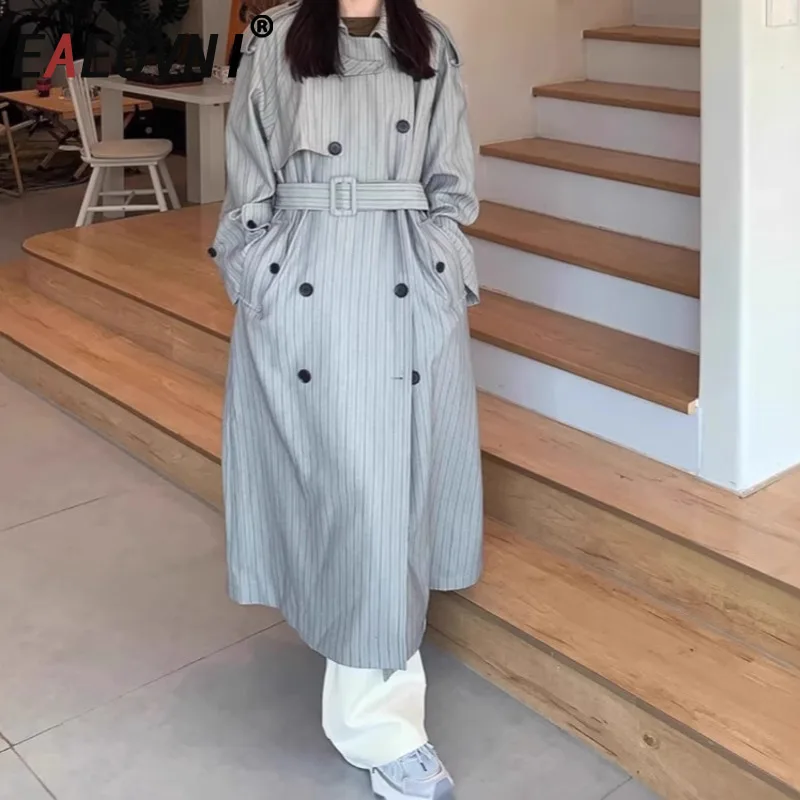 

EAEOVNI 2025 Autumn New Long Trench Coat Women Gray Striped Loose Button Belt Windbreaker Temperament Clothing Office Lady