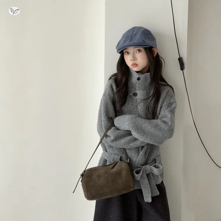 Girls' autumn and winter Korean style gray waistband thick zipper jacket, mid size children's knitted cardigan sweater