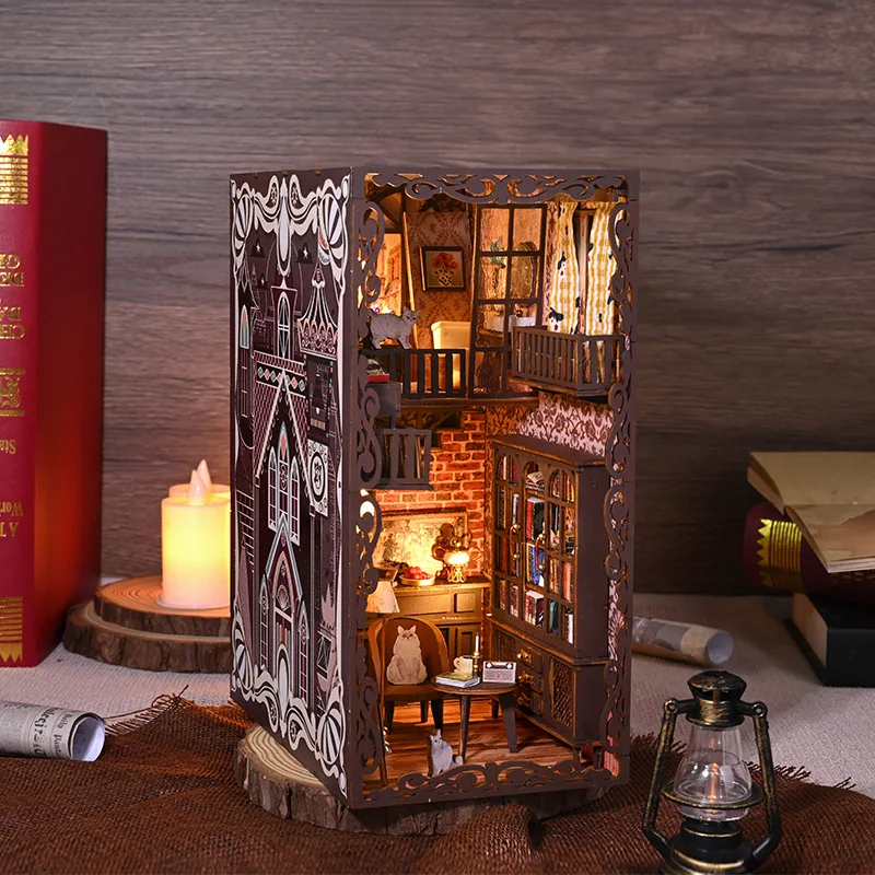 

DIY Book Nook Insert Kits Wooden Miniature Building Kit Magic Study Room Bookend with LED Light Bookshelf Home Decoration