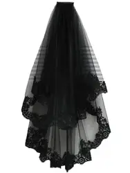 Women’s Bridal Wedding Veil 2 Tier Lace Applique Edge Bride Veils with Comb Black Wedding Headpiece 2023