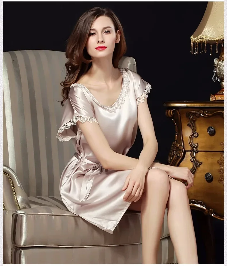 100% Mulberry Silk Plus Size Women Nightgown Sexy Lingerie Night Dress Short Sleeve Sleepwear Lace-up Chemise Sleepshirt Pajama
