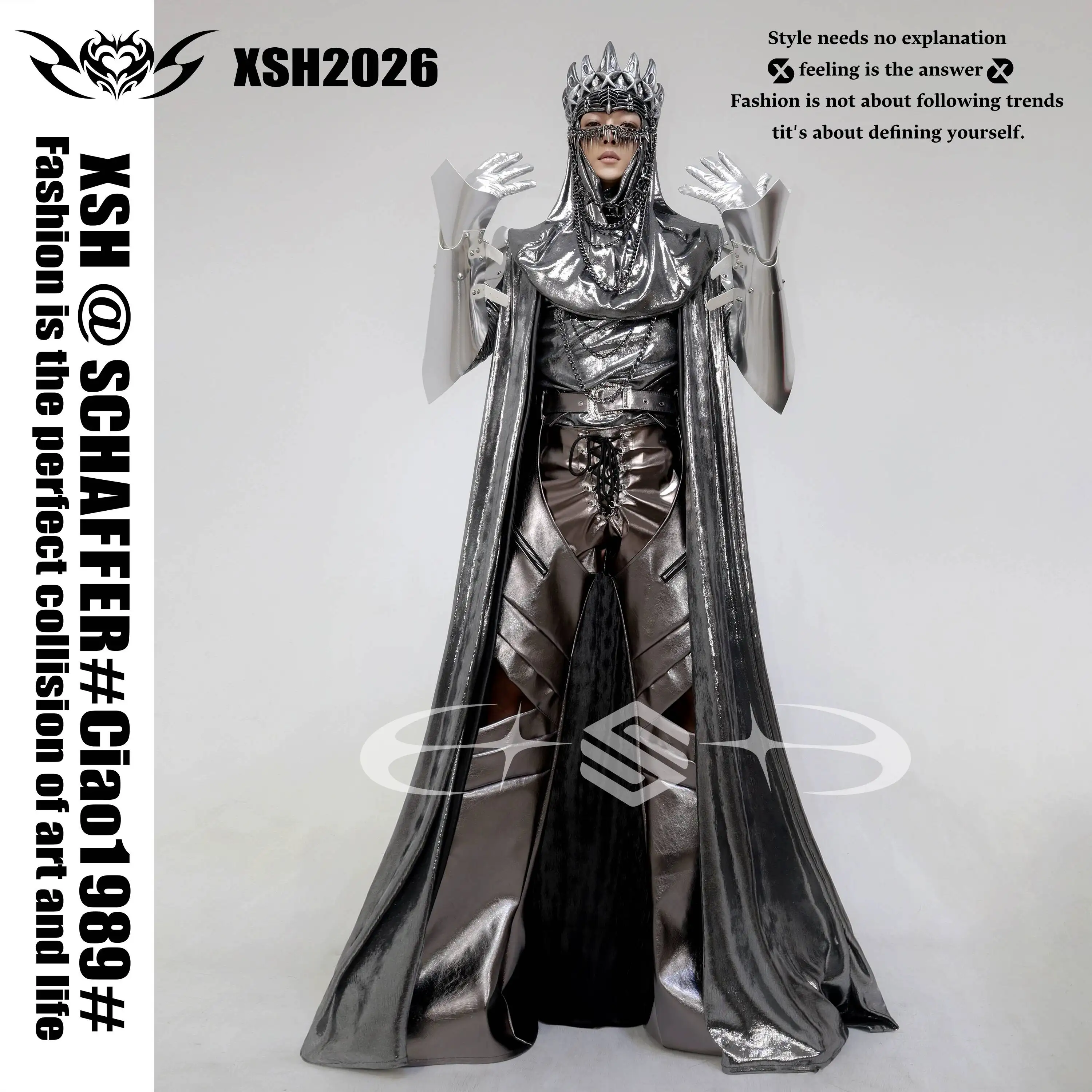 Halloween Silver Grey Royal Queen Cloak Performance Costume Metal Armor Crown Cloak Future Temple Style GOGO Stage Set view 3