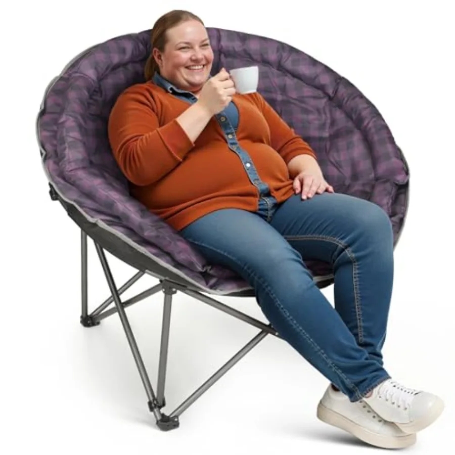 

Oversized XXL Folding Round Camping Chairs for Outdoor Lawn and Indoor Use, Polyester Purple Plaid, Heavy Duty 400 Lbs Support