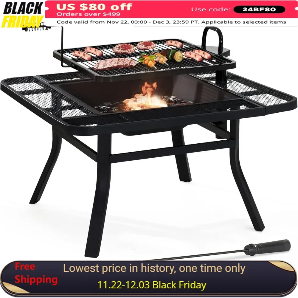 

38 in Fire Pit Table with Adjustable Cooking Swivel BBQ Grill and Fires Poker, Large Square Wood Burning Fire Pit Table