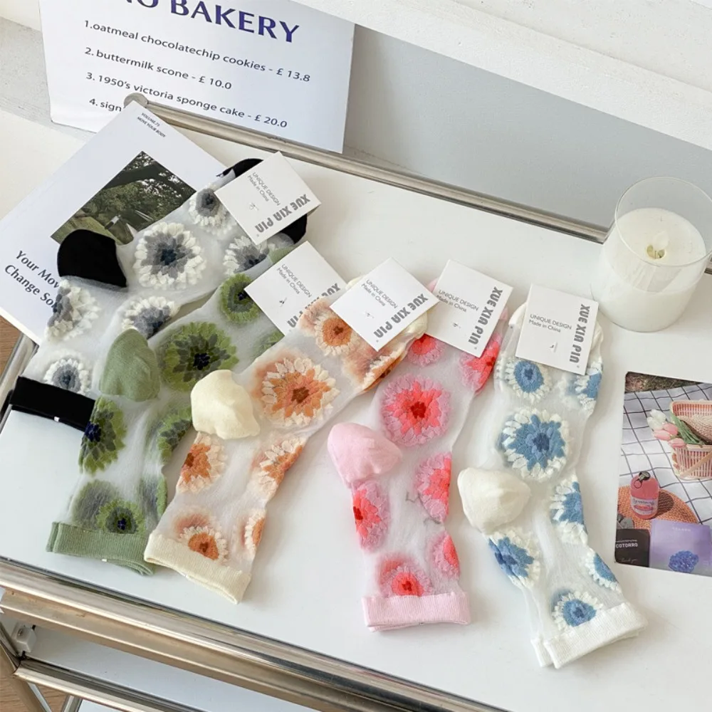 Summer Ultra-thin Transparent Dopamine Socks for Women Embroidery Sunflower Pattern Medium Tube Socks Kawaii Stacking Socks