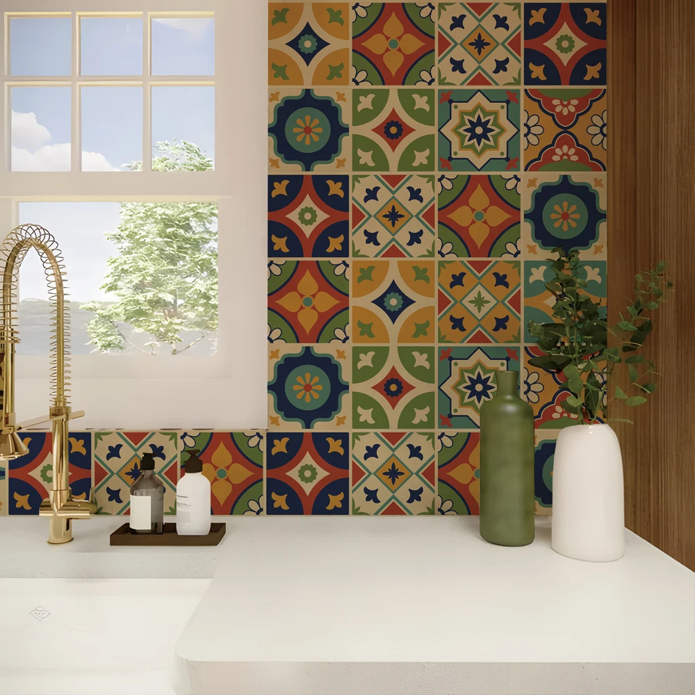 Colorful Azulejos Wall Tiles Stickers Decor, Waterproof Peel and Stick Backsplash for Kitchen, Removable Self-Adhesive Decals