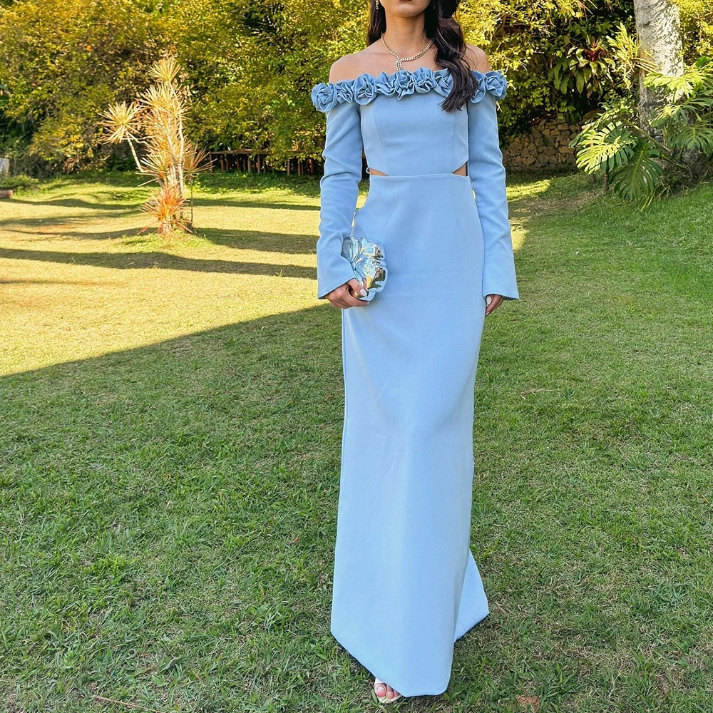 

Off the Shoulder Floor Length Straight Jersey 3/4 Sleeves Classic Celebrity Dress Pleats Solid Color 3D Flowers Prom Gowns 2024