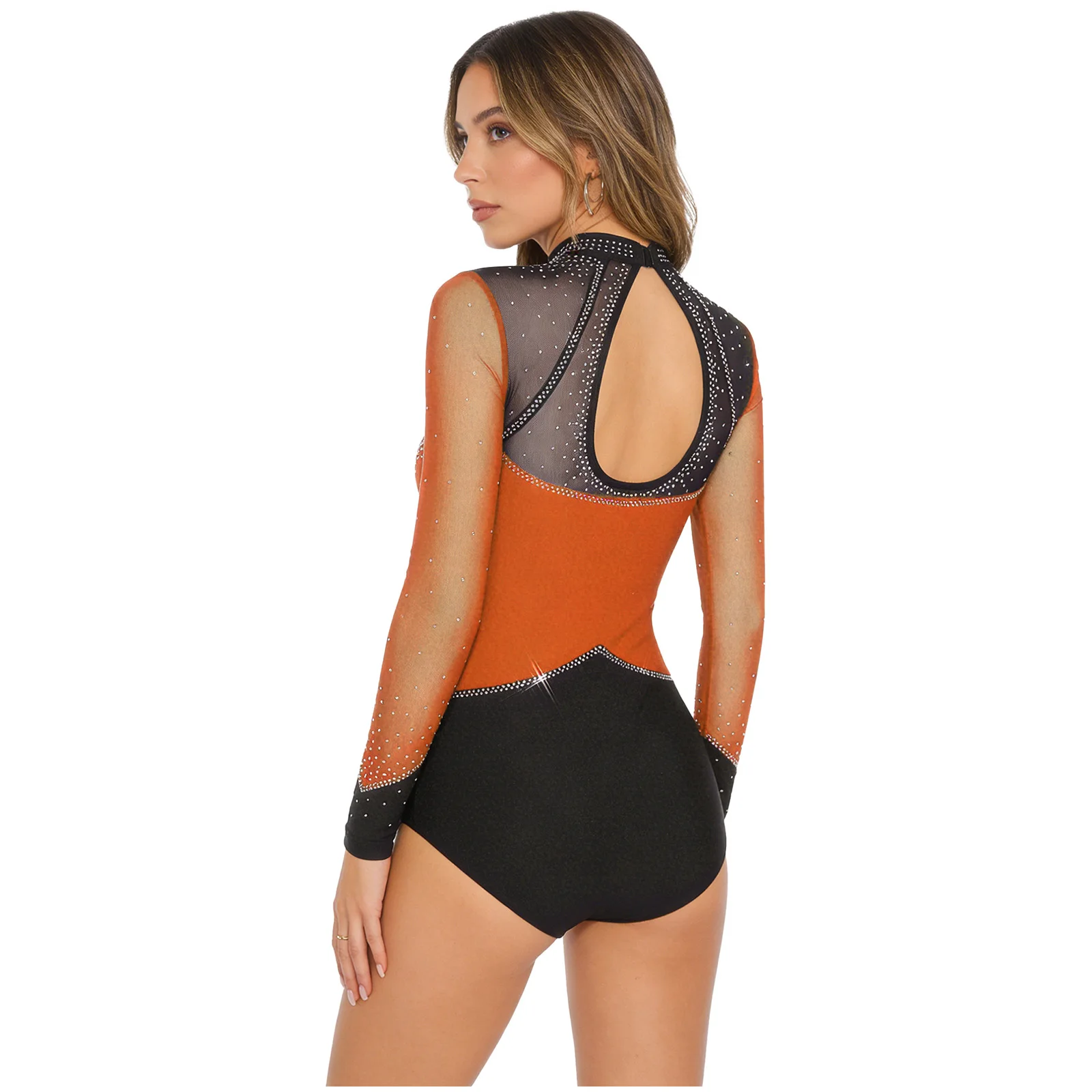 Vrouwen Strass Ritmische Maillots Gymnastiek Bodysuit Sheer Mesh Lange Mouw Kruis Knoppen Jumpsuit Kunstschaatsen Dancewear