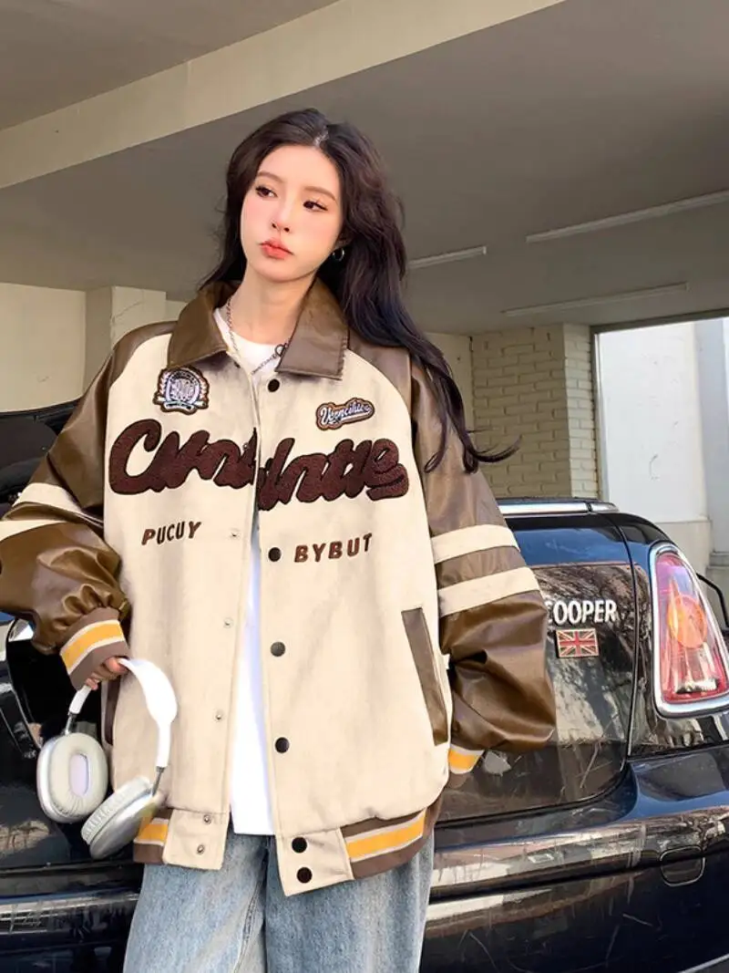 2025 New Spring Autumn Women's Jacket Suede Leather Patchwork Baseball Style Embroidered Design Outerwear
