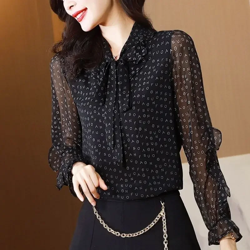 

Elegant Women Black Chiffon Shirt Office Lady Bow Gauze Vintage Blouses Women's Spring Long Sleeve Print Fashion Pullovers ZL931