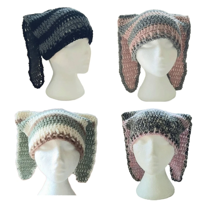 

Handmade Crochet Stripe Beanies Hat for Teens 2000s Rabbit Ear Knitted Hat Lady Winter Warm Hat Lovely Headwear