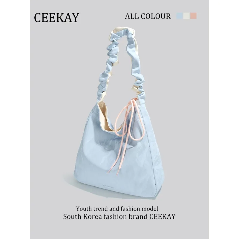 CEEKAY Fresh Style Ruched Strap Hobo Bag, Soft Fabric Drawstring Tote, Lightweight Travel Handbag Pastel Color Shoulder Bag
