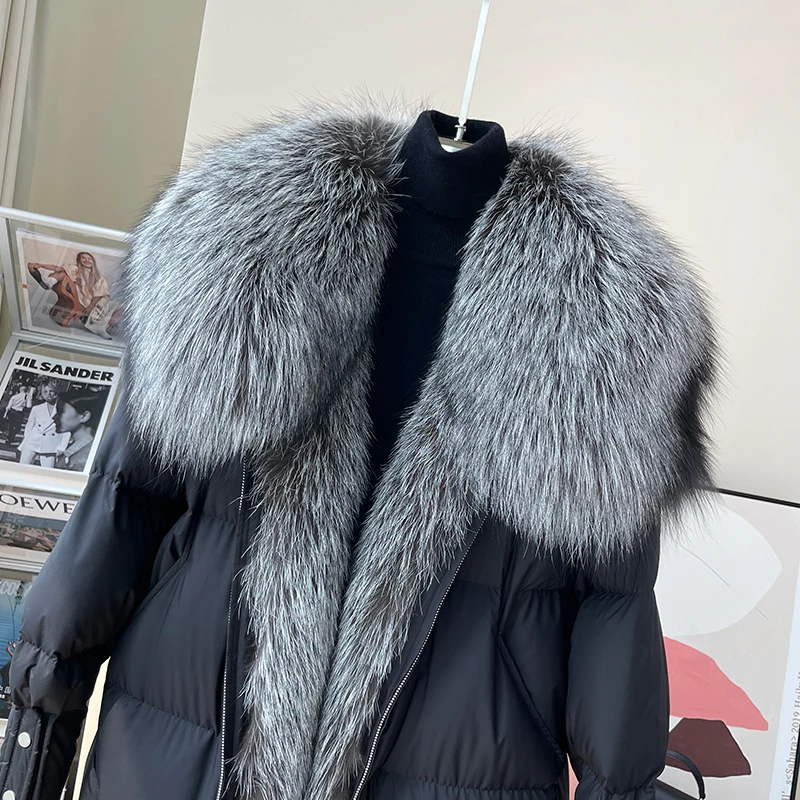 New Fashion Winter Women\'s Coat White Goose Down With Real Fox Fur Collar Long Jacket Full Sleeves Thick Warm Luxury Female Coat