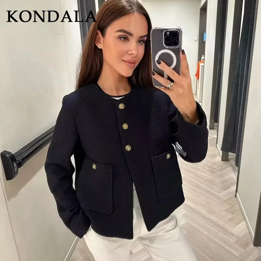 

KONDALA 2025 Fall Winter Casual Women Jackets Fashion Streetwear Single Breasted O Neck Solid Pockets Elegant Ladies Coats