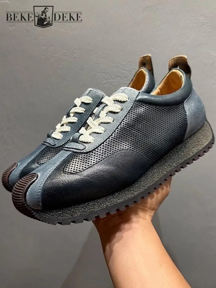 Breathable Mens Genuine Leather Casual Shoes Lace Up Hollow Out Spliced Fashion Active Shoes Spring Summer Platform Sneakers New