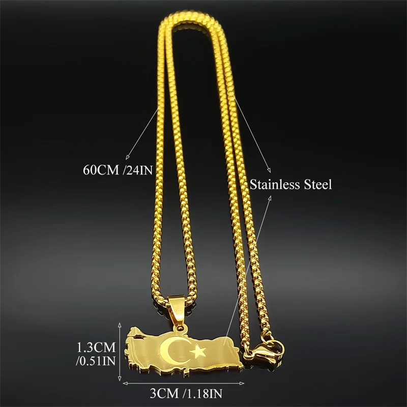 Turkey Map Flag Moon Star Necklace for Men Women Stainless Steel Gold Color Turkish Country National Geography Chain Jewelry view 6