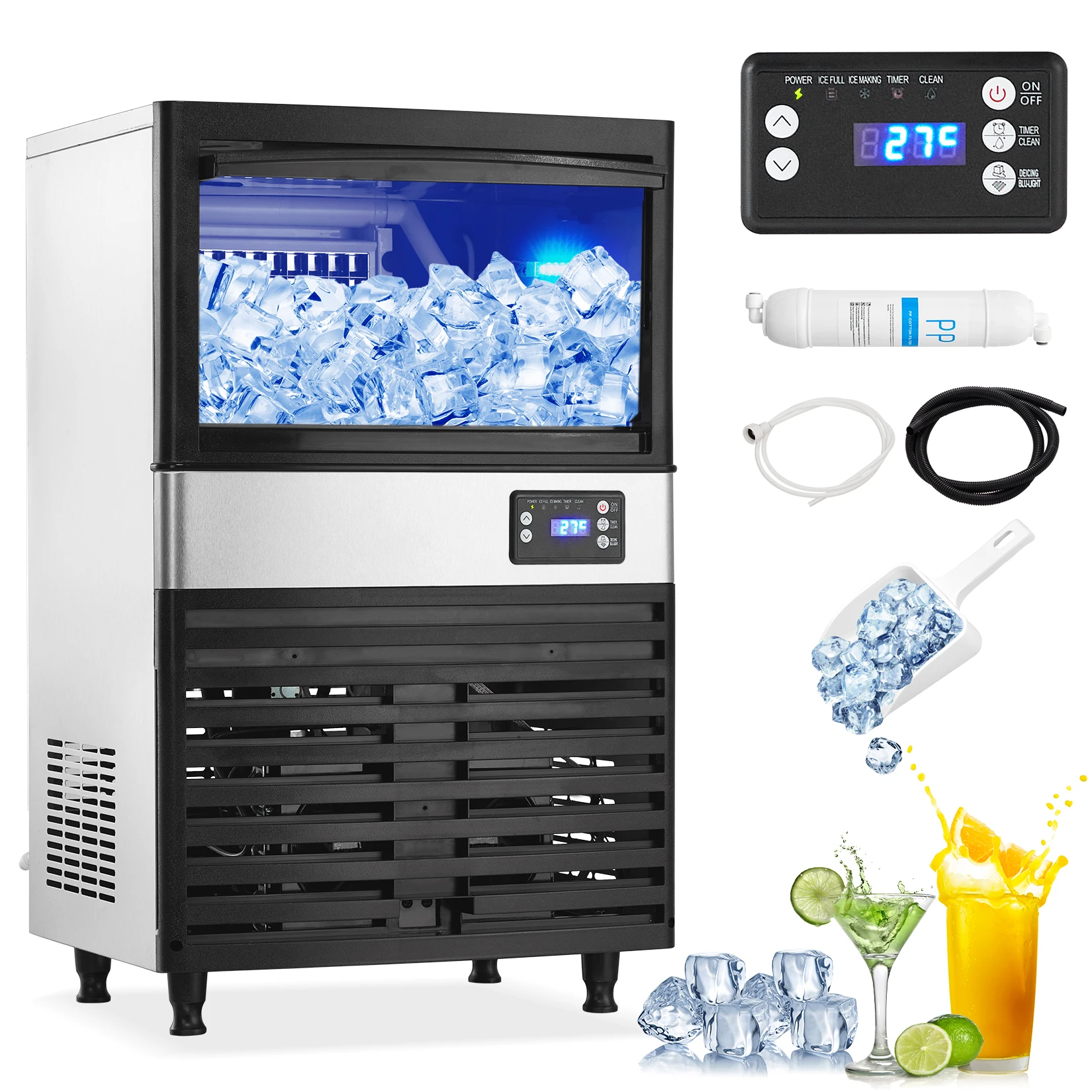 Commercial Ice Maker Machine, 150lbs/24H, 78 Ice Cubes in 8-15 Minutes, Freestanding Ice Maker with 27lbs Storage Capacity